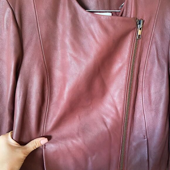 Vince Leather Moto Red Jacket Collarless Asymmetric Zip Size S - Picture 10 of 13